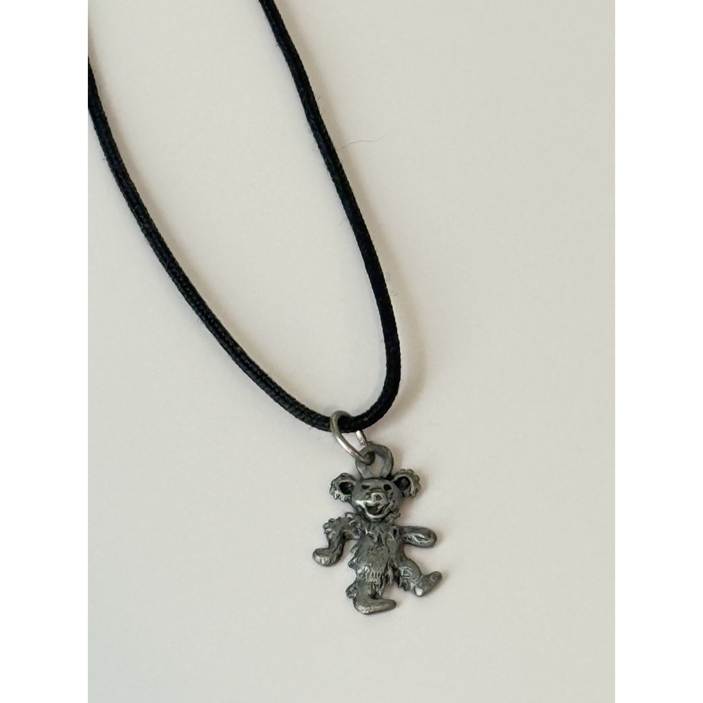 Grateful Dead Dancing Bear Pendant Necklace Black Cord 12" Silver Tone Charm